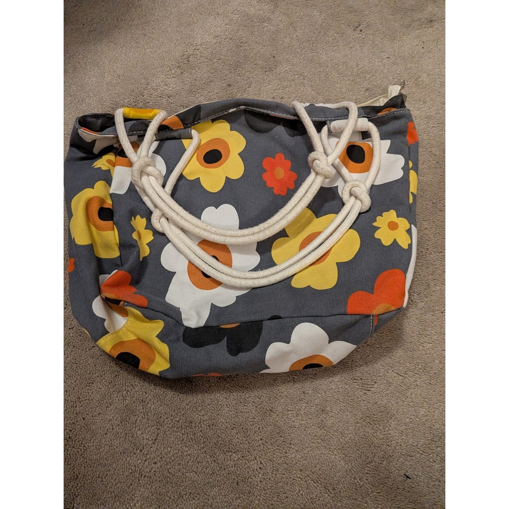 Farmhouse Is My Style Floral Canvas Tote Bag‎ Gray Orange Yellow Rope Retro